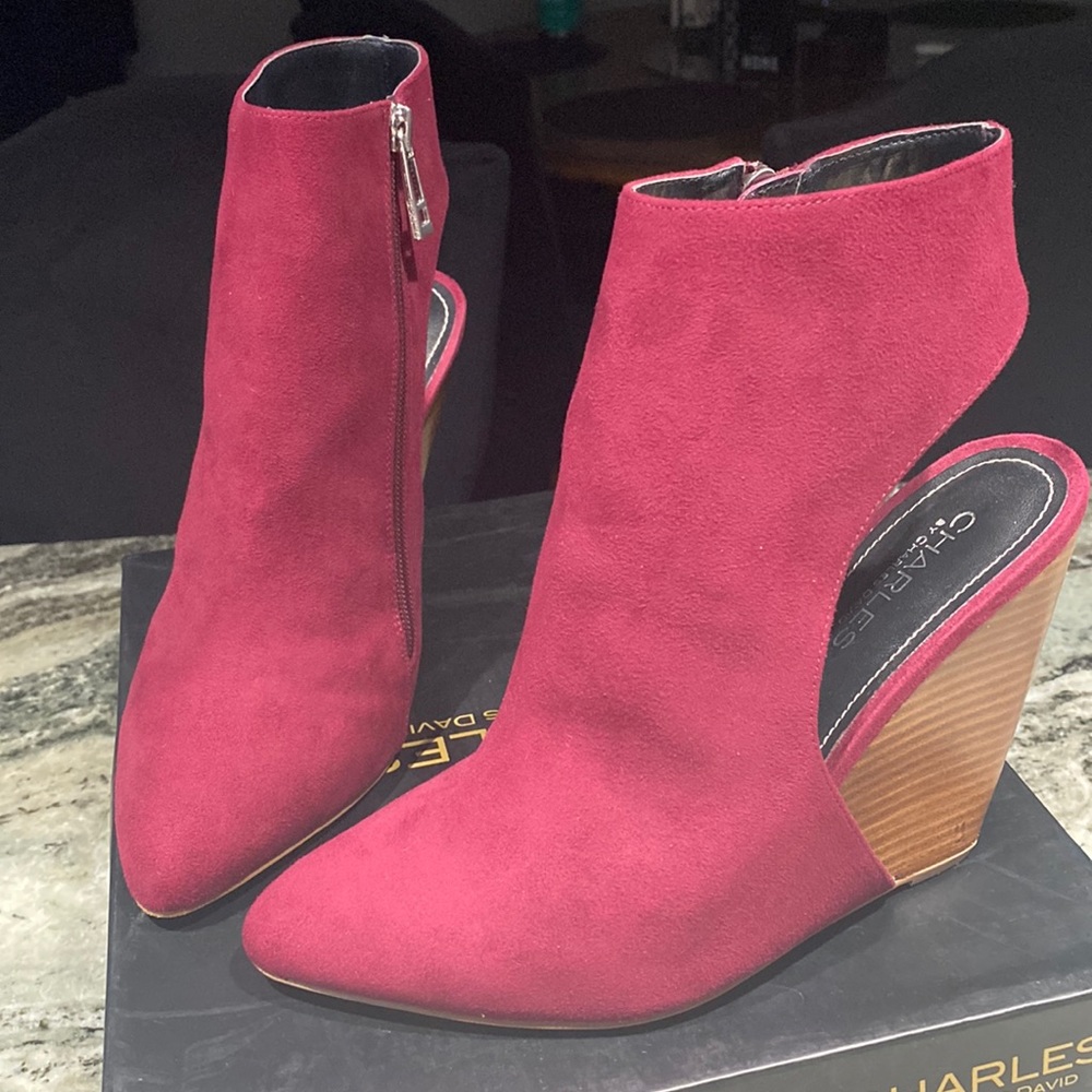 Ankle wrap wedge bootie in microsuede